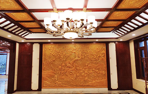 新干中式别墅客厅中式木作横梁吊顶装饰展示